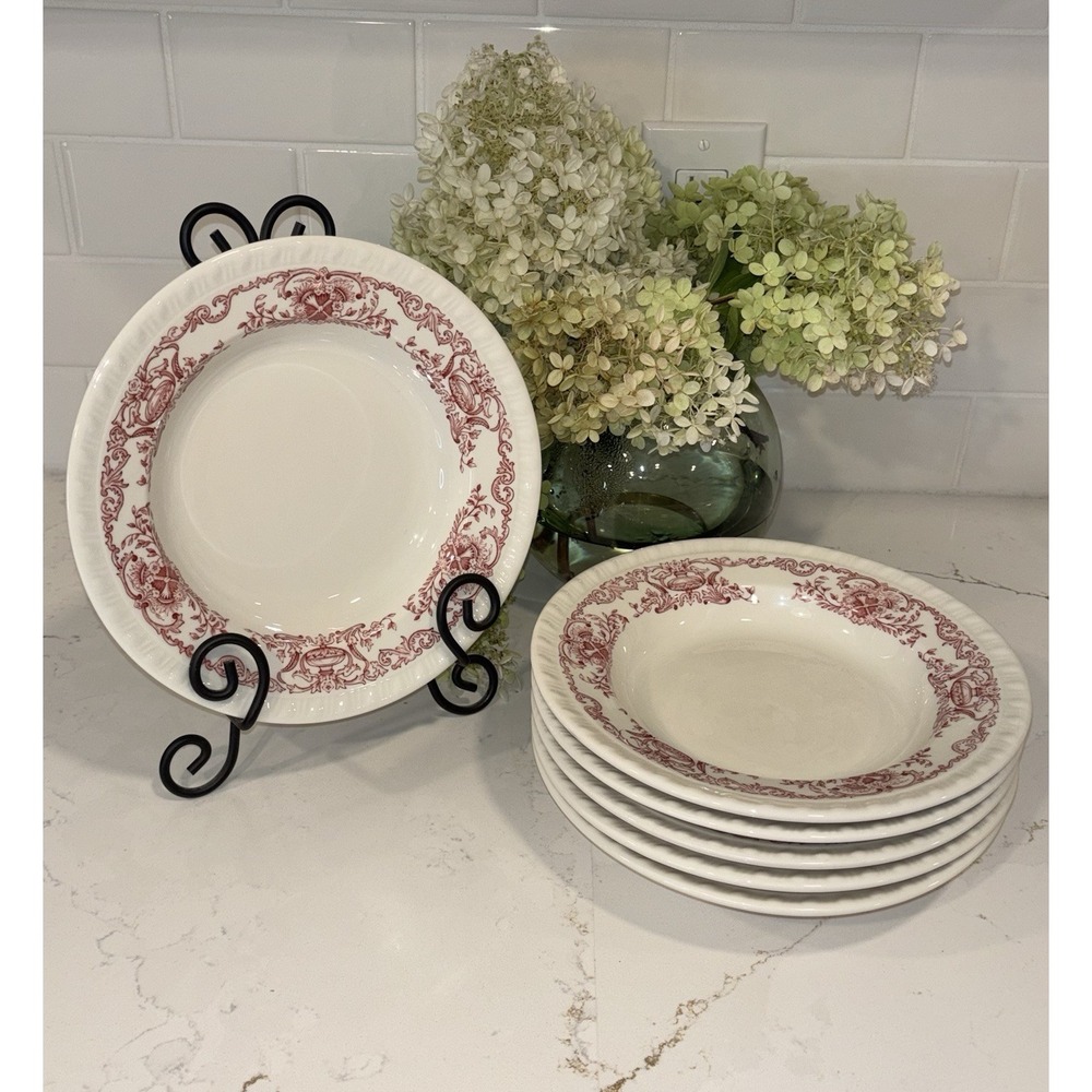 5 Vtg Walker China 9" Rimmed Soup Bowls Bedford Ohio Pink on Cream White 1941